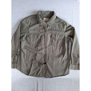 Arizona Men 2XL Twill Camp Snap Button Shirt Long Sleeve‎ Military Green Cotton